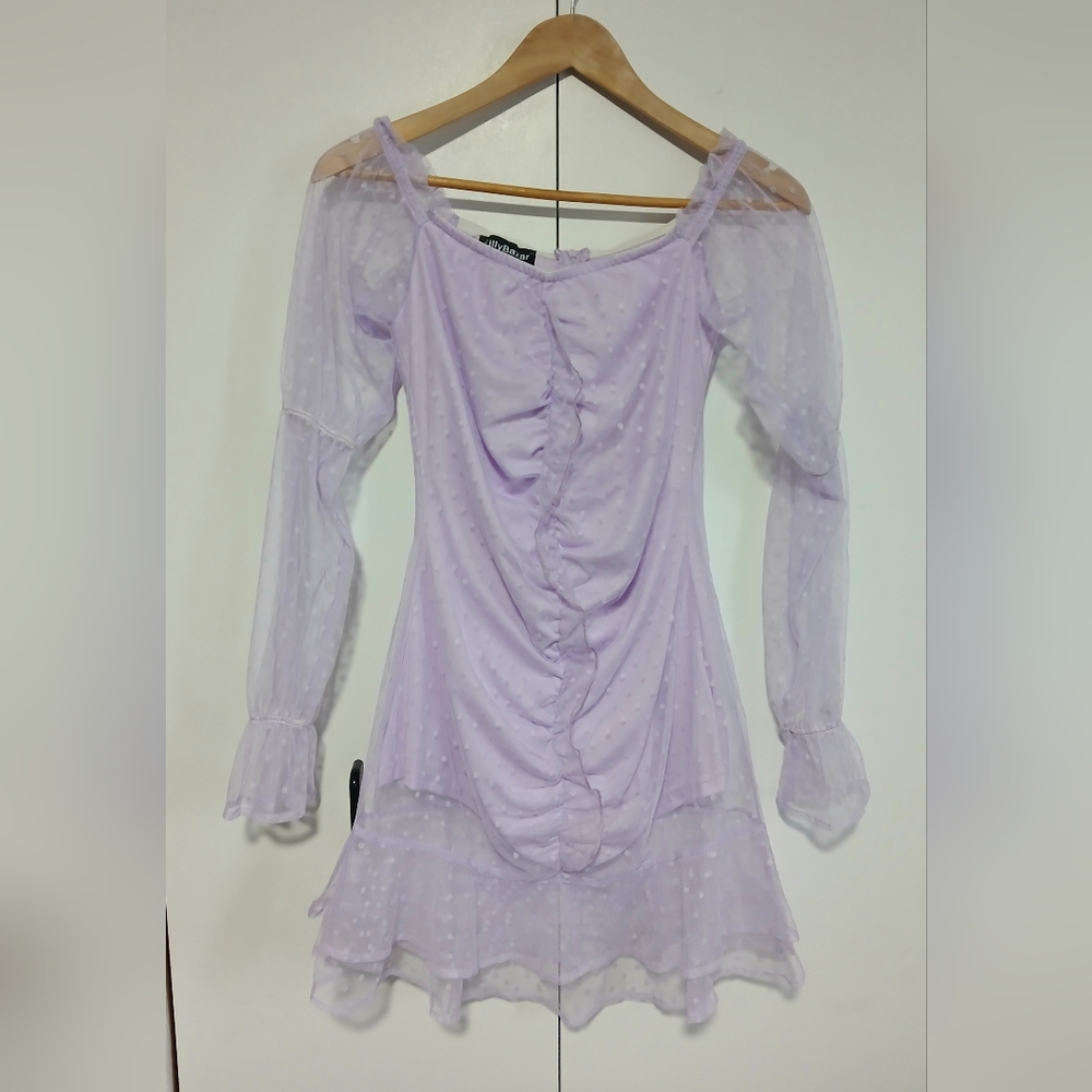 Eilly Bazar Lavender Ruched Polka Dot Mesh Mini Dress | Size Small